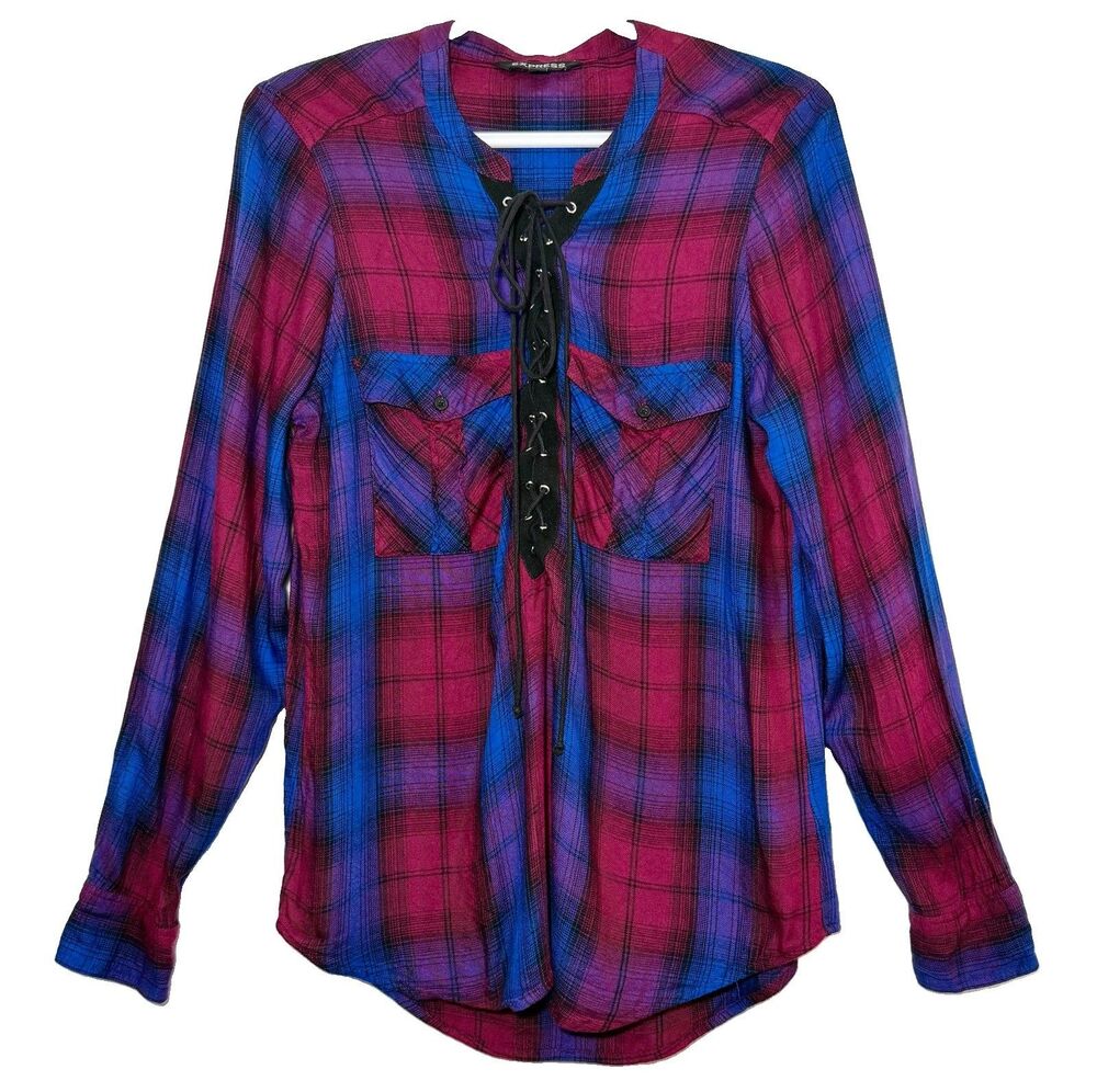 Express Plaid Lace Up Shirt Women’s M Rayon Blue Purple Long Sleeve Boho
